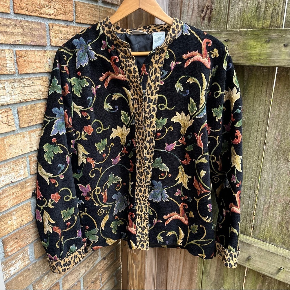 Vintage White Stag Black Floral and Leopard Tapestry Jacket